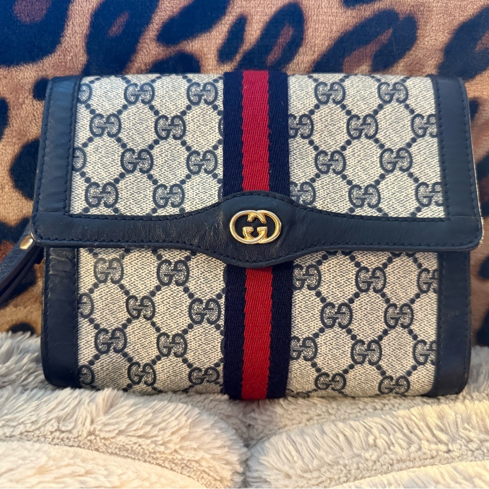 Gucci Beige Navy Red GG Canvas Wristlet Clutch